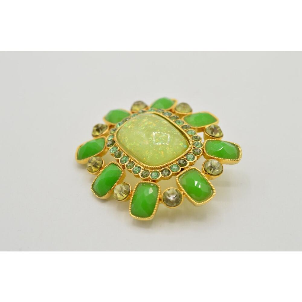 Statement Pin Brooch Multi-Tone Green Rhinestone Jeweled Opaline Gold Tone BinF - Picture 8 of 9
